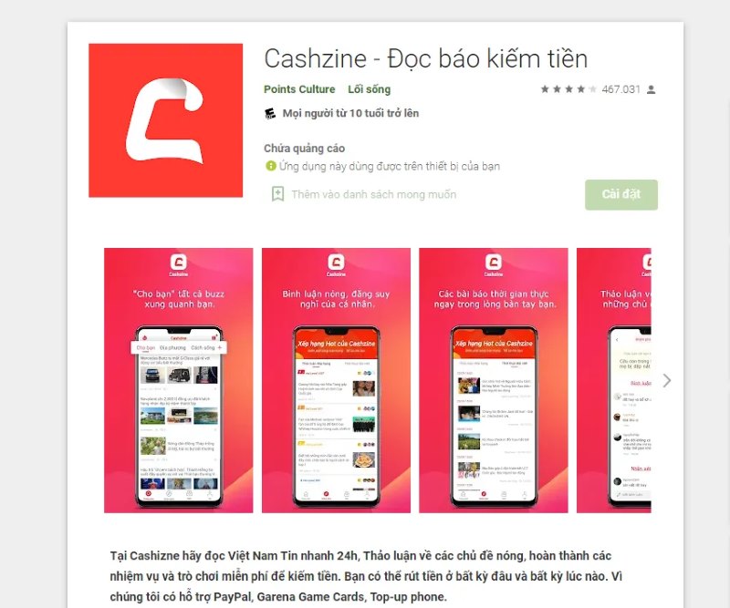 Cashzine - App đọc báo kiếm tiền phổ biến hiện nay
